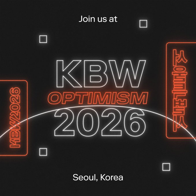A neon-lit promotional graphic inviting viewers to "KBW OPTIMISM 2026" in Seoul, Korea, featuring "KBW" and Korean text (KBW2026/韩国) in glowing red and white outlines, with the phrase "See you soon" reinforcing the event's upcoming anticipation.