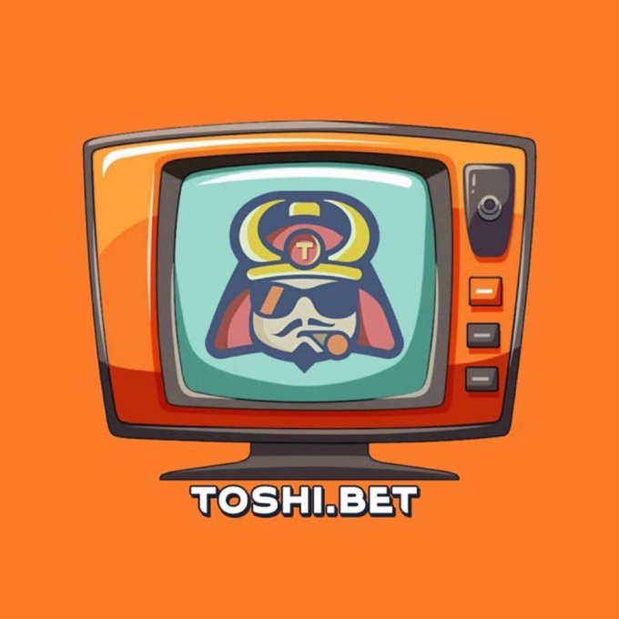 A digital illustration of a retro television set displaying a stylized samurai character with a 'T' on its helmet, with the text 'TOSHI.BET' written below the TV on an orange background.