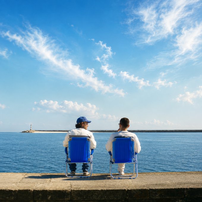 Two people sit in matching blue folding chairs on a stone pier, gazing out at a calm sea beneath a sky filled with wispy clouds, with a small lighthouse visible in the distance. The vivid blue of the chairs mirrors the brand color referenced in the caption's "MEXC blue" tagline, while the relaxed coastal setting evokes a leisurely "GM" (good morning) vibe, suggesting the image is promoting a casual, social lifestyle tied to the MEXC brand and inviting others to share that same chill seaside aesthetic.