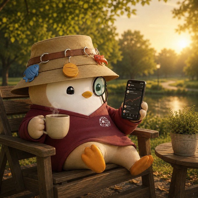 A plush penguin character wearing a large hat with fish and crab charms, and swapping an eye patch, sits in a wooden chair holding a coffee mug and a smartphone displaying a chart.