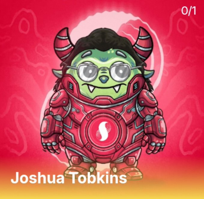 A cartoon illustration of a green-skinned, horned character wearing glasses and red samurai-style armor, labeled 'Joshua Tobkins' in the bottom left.