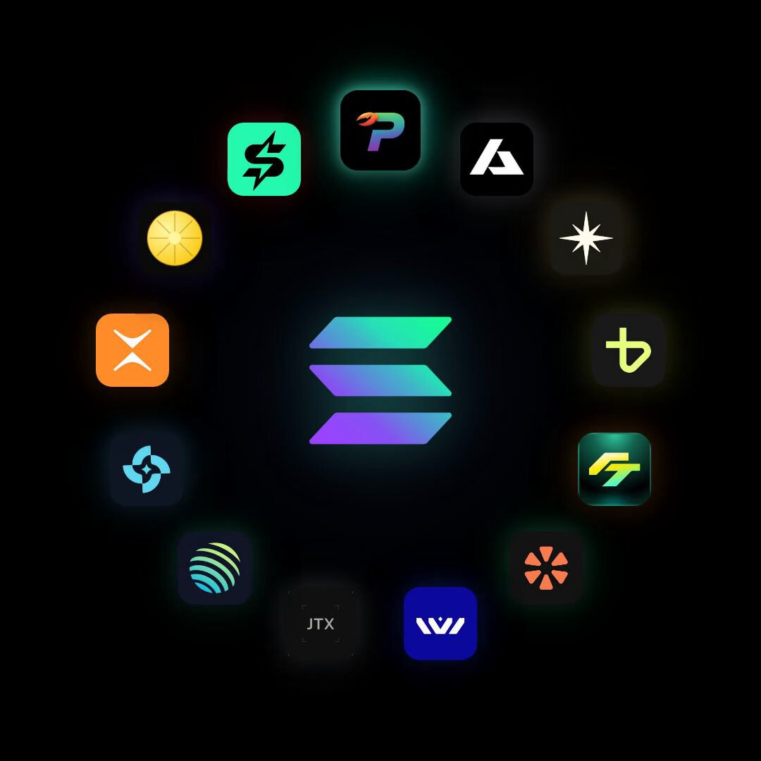 The image features a circular arrangement of various logos, including symbols representing different cryptocurrencies such as Bitcoin, Ripple, and Ethereum. The logos are arranged in a clockwise direction around a central purple logo that reads "SOLANA". This unique design choice makes the image stand out from other posts or images featuring just a few cryptocurrency logos. The post also mentions a PercolatorTrade submission to the Colosseum Frontier Hackathon, which suggests that the creator of this image might be involved in the development of perp markets for Solana tokens and is working on permissionless perp markets with DEX liquidity.