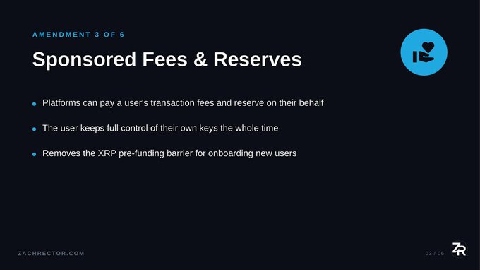 A dark-themed slide titled "Sponsored Fees & Reserves" highlights how platforms can pay a user's transaction fees and reserves on their behalf while the user retains full control of their keys, removing the XRP pre-funding barrier for onboarding new users—supporting the post's excitement about XRP onboarding taking off.