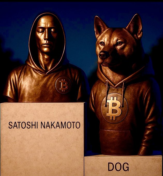 An AI-generated image depicting bronze statues of 'SATOSHI NAKAMOTO' (a hooded figure) and a Shiba Inu dog labeled 'DOG', both wearing hoodies with the Bitcoin (₿) logo.