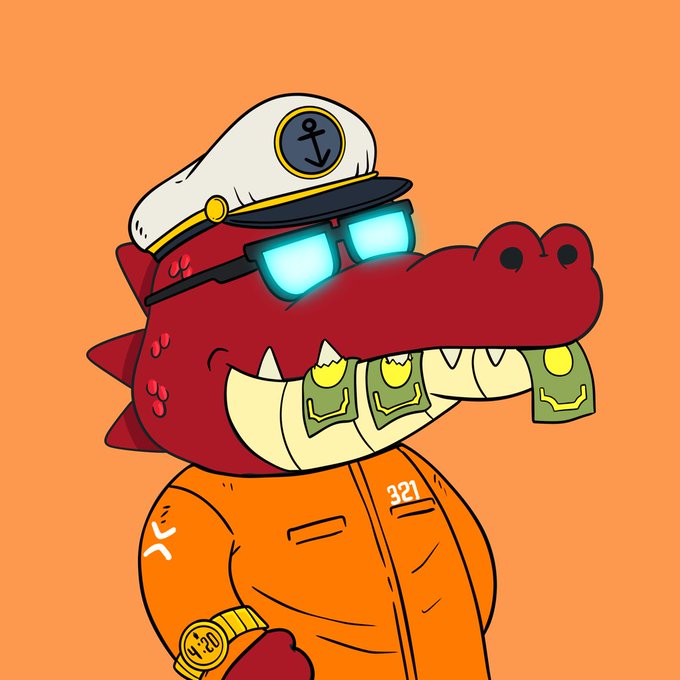 An illustration of a cartoon red dragon wearing an orange prison uniform, glowing blue sunglasses, and a captain's hat, with money stuffed in its mouth.