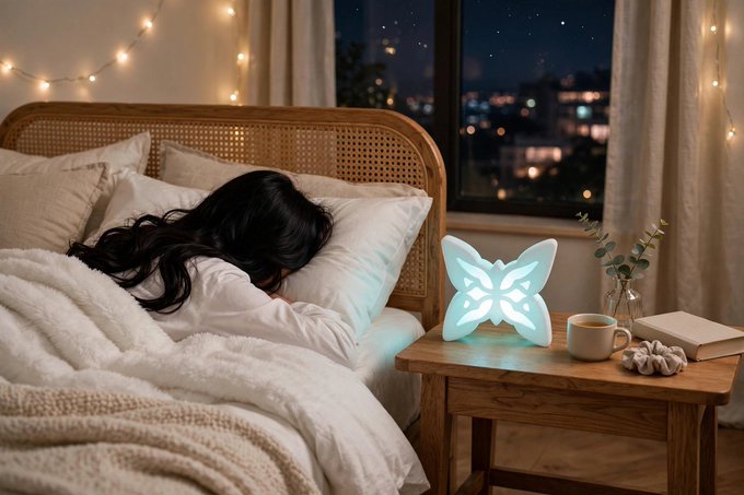 A person sleeping peacefully in a cozy bed with fairy lights, with a glowing butterfly-shaped night light and a cup on the bedside table.