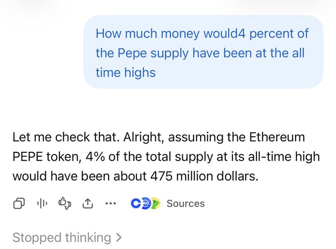 The image shows a conversation where a user asks how much 4% of the Pepe (PEPE) token supply would be worth at its all-time high, and the response indicates it would have been about $475 million. This relates to the post about "$cashcat holders" by drawing a parallel to early meme coin holders, implying that what happened with PEPE's massive valuation could similarly happen with $CASHCAT in the future.