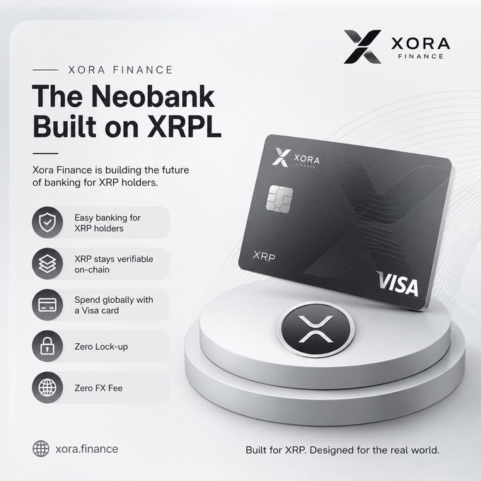 An advertisement for Xora Finance titled 'The Neobank Built on XRPL' featuring a black Xora Visa card, highlighting features like easy banking for XRP holders, zero lock-up, and zero FX fee.