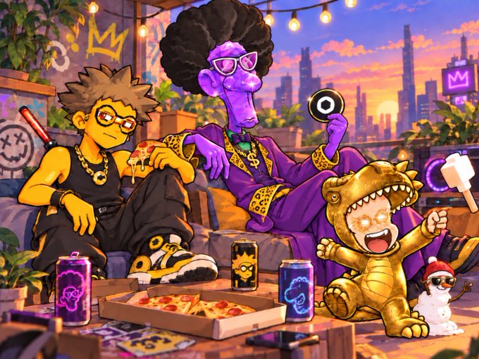 A vibrant cartoon-style illustration featuring a purple character in a purple robe, a spiky-haired yellow character, a small golden dinosaur, and a tiny creature, all gathered on a rooftop with a futuristic city skyline at sunset.