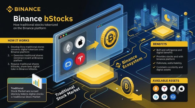 A Binance infographic titled 'Binance bStocks' explaining how traditional stocks are tokenized on the Binance platform, showing how traditional shares are converted into digital tokens like Bitcoin, Ethereum, and Tether.