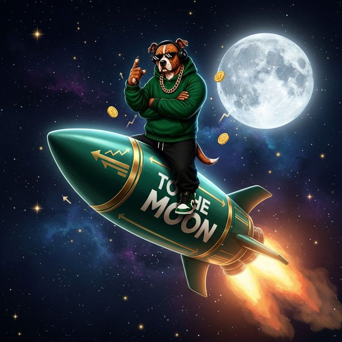 A stylized digital artwork showing an anthropomorphic dog wearing sunglasses, gold chains, and a green hoodie, riding a rocket labeled 'TO THE MOON' through a starry space background with the moon and gold coins.