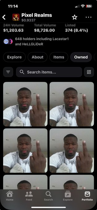 The screenshot shows a mobile NFT collection page for "Pixel Realms" with a floor price of $0.9337, total volume of $8,726.00, and 374 listed items (8.4%), while the accompanying tweet shows an NFT of a man giving the middle finger with white noise-like pixelation effects, humorously matching the post's complaint about being rudely greeted with a "good morning."