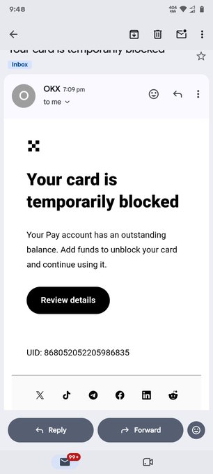 A mobile email screenshot shows a message with the subject "Your card is temporarily blocked," stating that a Pay account has an outstanding balance and prompting the user to add funds.