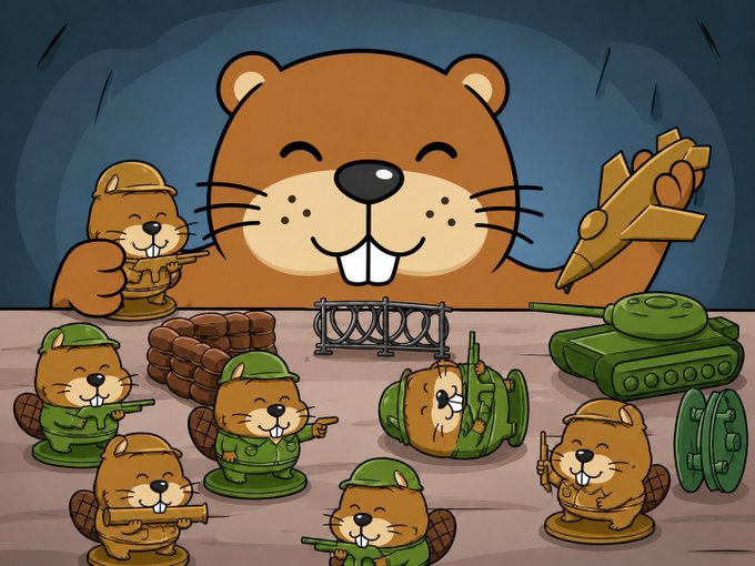 A cartoon illustration featuring a large smiling beaver holding a golden fighter jet, surrounded by smaller beaver soldiers with various weapons and a green tank.