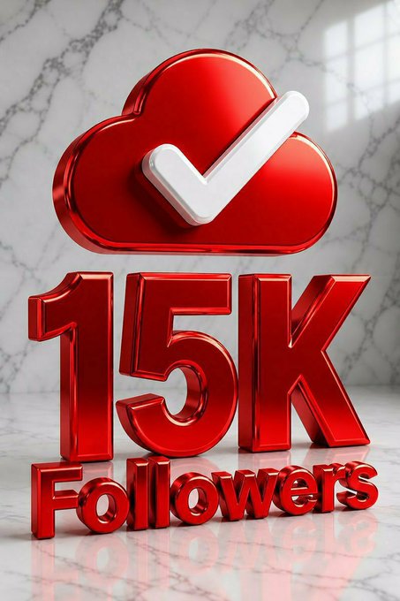 A 3D-style graphic features a red cloud icon with a white checkmark above large red text that reads "15K Followers," set against a white marble background.