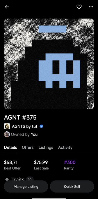NFT listing for AGNT #375 (AGNTS by tut), owned by the user, showing a blue alien/character artwork with Best Offer at $58.71, Last Sale at $75.99, and Rarity rank #300.