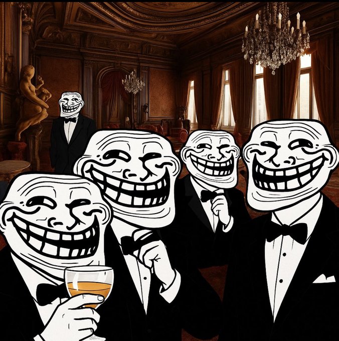 A cartoon meme shows several identical grinning "Troll face" characters dressed in tuxedos, gathered in an opulent ballroom and toasting with drinks, embodying the smug, victorious feeling of the "$TROLL" post—suggesting that a troll-themed win has been secured and it's time to celebrate.