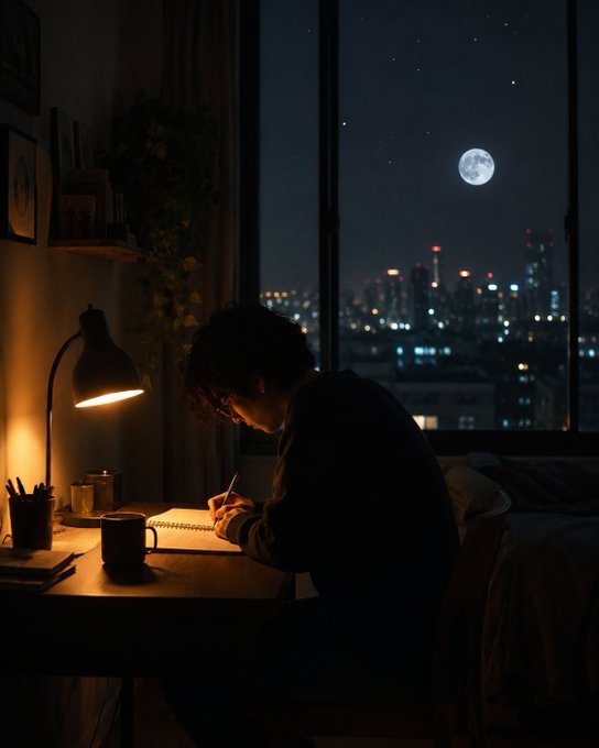 A moody, atmospheric image of a person writing in a notebook at a desk by a window, illuminated by a warm lamp, with a full moon and city skyline visible in the night sky outside.