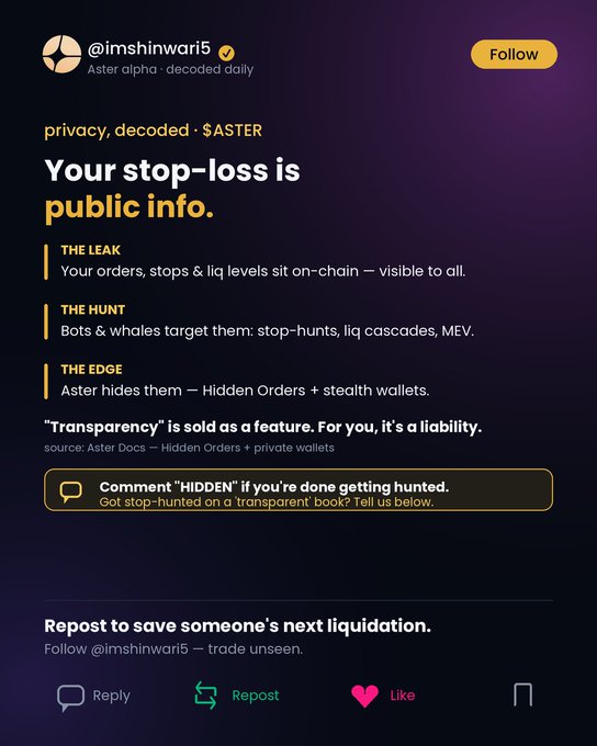 A social media post by @imshinwari5 explaining how Aster's transparent blockchain exposes stop-loss orders to bots and whales.