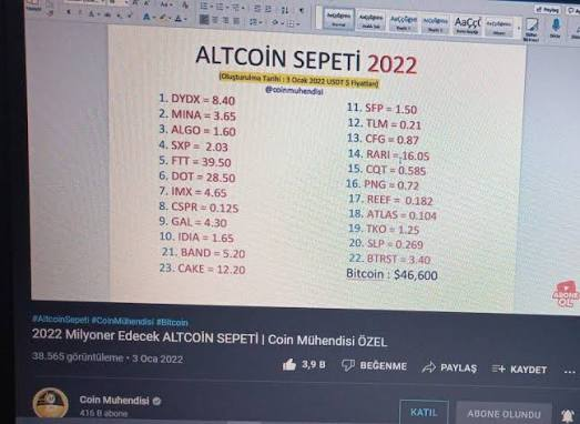 A YouTube video thumbnail and screen showing 'ALTCOIN SEPETI 2022' by Coin Mühendisi, dated 3 Ocak 2022, listing various cryptocurrencies including DYX, MINA, ALGO, SXP, and others alongside Bitcoin at $46,600.