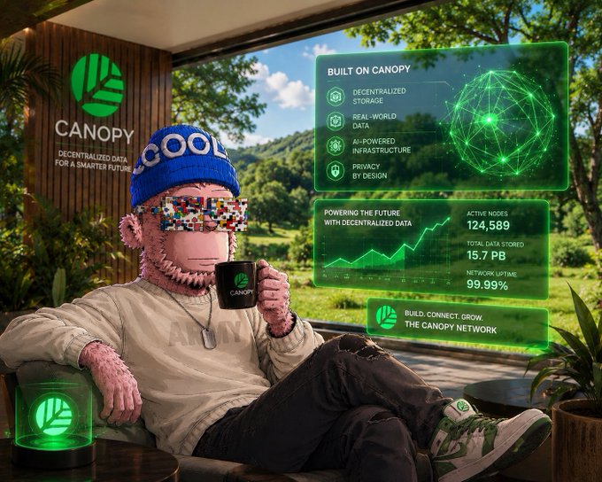 An AI-generated promotional image for 'CANOPY' decentralized data network featuring a pink furry character in a 'COOL' beanie and pixelated sunglasses holding a branded mug.