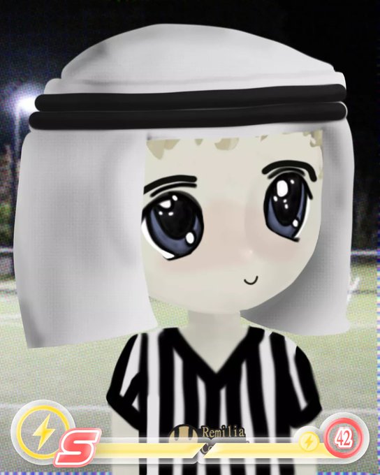 A Gacha Life/Club style character with large anime-style eyes, wearing a black and white striped referee outfit with a white cap, is displayed against a sports field background. The username 'Renilia' appears at the bottom.