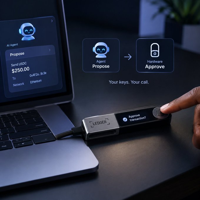 An advertisement for a Ledger hardware wallet, showing a finger pressing a button on the device to approve a $250.00 USDC transaction on the Ethereum network, with text 'Agent Propose -> Hardware Approve' and 'Your keys. Your call.'