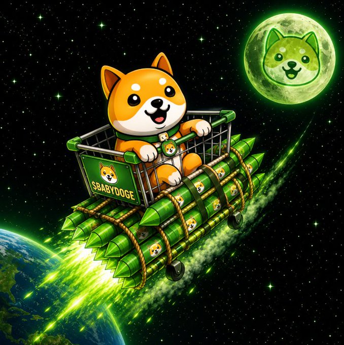 An illustration of the $BABYDOGE mascot sitting in a shopping cart strapped to a bundle of green rockets flying through space, with a green Shiba Inu moon in the background.