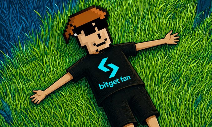 A 3D cartoon-style illustration of a blocky character lying in green grass, wearing sunglasses and a black "bitget fan" t-shirt with the Bitget logo.