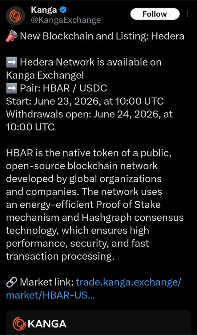 A screenshot of a twitter feed posted by a user at 8:27 pm, showing an interesting article about the blockchain market with the hashtag #KangaExchange. The feed mentions " HBAR listed on Kanga Exchange (Poland)".