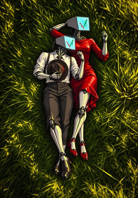 Two robotic figures with monitor heads display analog clocks and lie on lush green grass; one wears a white shirt and dark pants while the other wears a vibrant red dress.