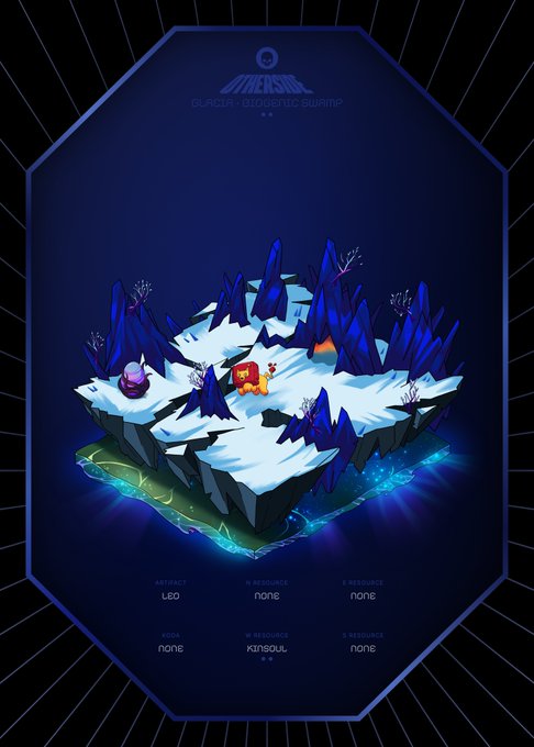 An isometric digital illustration of a snowy, mountainous floating island with a small character, labeled 'Quasar Bioacoustic Swamp' with stats for artifact, resources, and book.