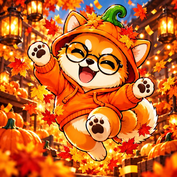 A cartoon illustration of an orange fox-like character wearing glasses, an orange hoodie with a green stem, and falling autumn leaves, with pumpkins and lanterns in the background.