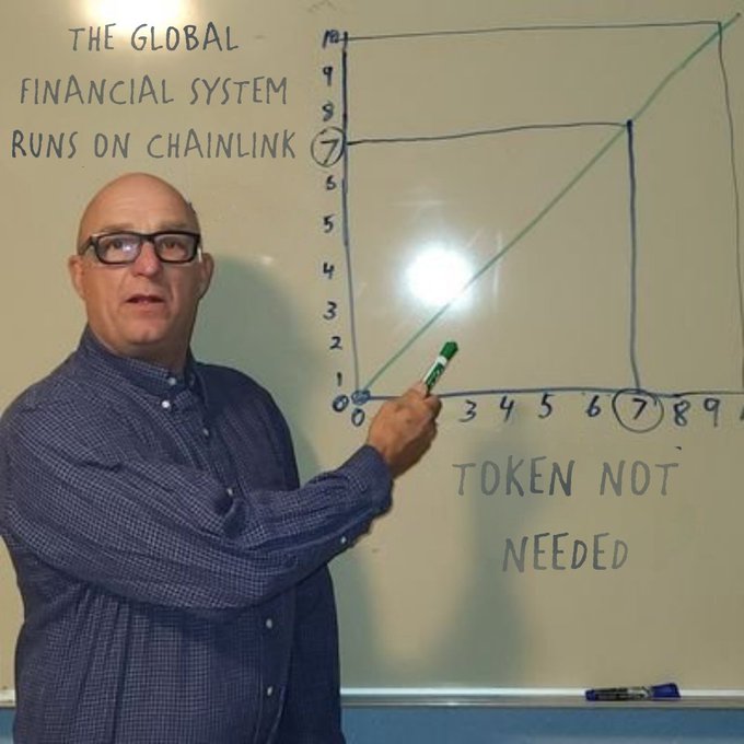 A bald man stands before a whiteboard displaying a graph and the text 'THE GLOBAL FINANCIAL SYSTEM RUNS ON CHAINLINK' and 'TOKEN NOT NEEDED'.