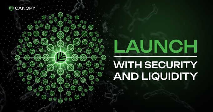 The image is a promotional graphic for Canopy (CNPYNetwork) featuring the Canopy logo in the top left corner and a circular network visualization of interconnected green tree/leaf icons radiating from a central highlighted node on the left side, paired with bold white and green text reading "LAUNCH WITH SECURITY AND LIQUIDITY" on the right. The graphic reinforces the post's message by visually emphasizing Canopy's role in providing essential launch infrastructure—security and liquidity—to help new chains overcome post-launch challenges.