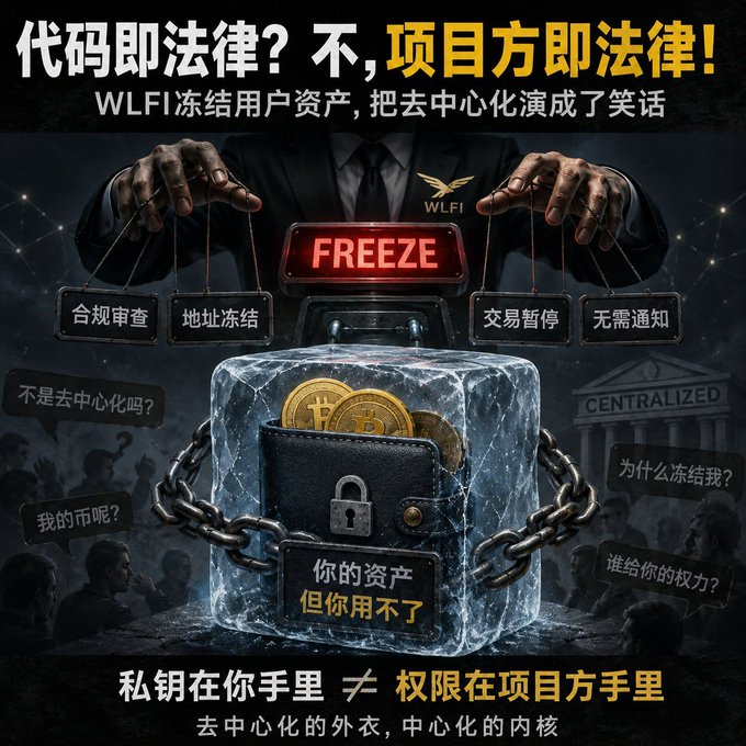 The image features a poster or advertisement that uses humor to promote Bitcoin. The poster has a person holding up a wallet filled with Bitcoins, which are frozen by a malicious force. This humorous representation of Bitcoin's value being frozen can be seen as a joke about the cryptocurrency and its supposed value. The phrase "code is law" is also present in the image, further emphasizing the idea that decentralization, immutability, and censorship resistance should be considered core values within the crypto industry.