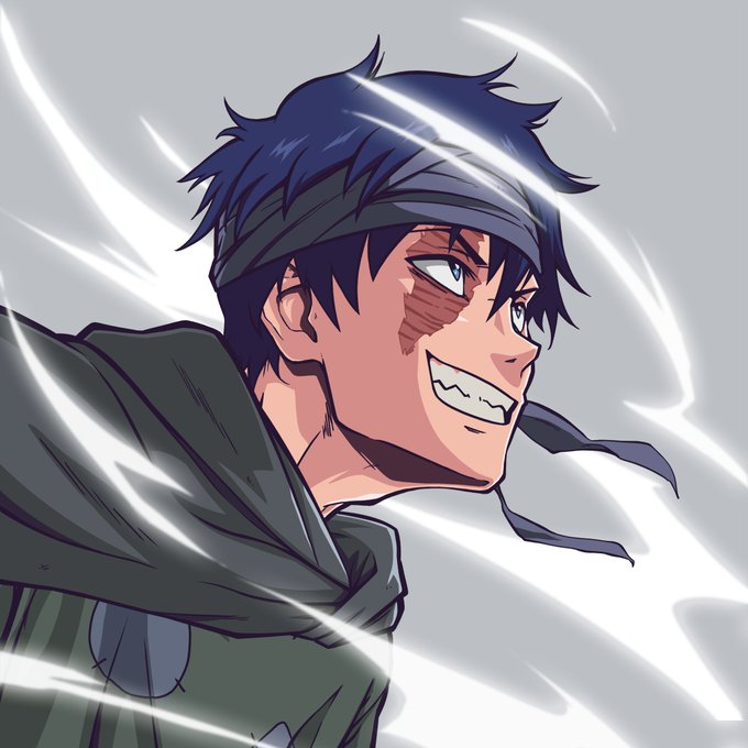 An anime-style illustration of a young man with dark blue hair, a gray headband, and a dark cloak, grinning intensely with a scar on his cheek as white wind effects swirl around him.