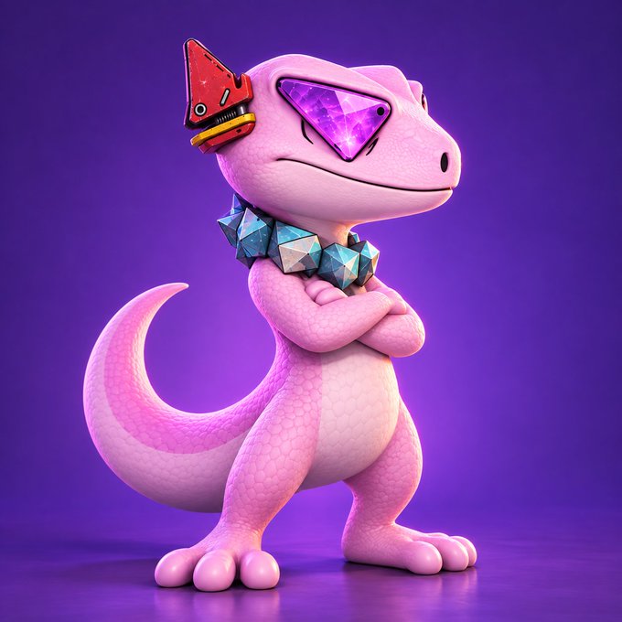 A 3D-rendered pink lizard character stands with arms crossed on a purple background, wearing a jeweled necklace and sporting sunglasses with purple galaxy lenses and a cheese-slice-shaped accessory.