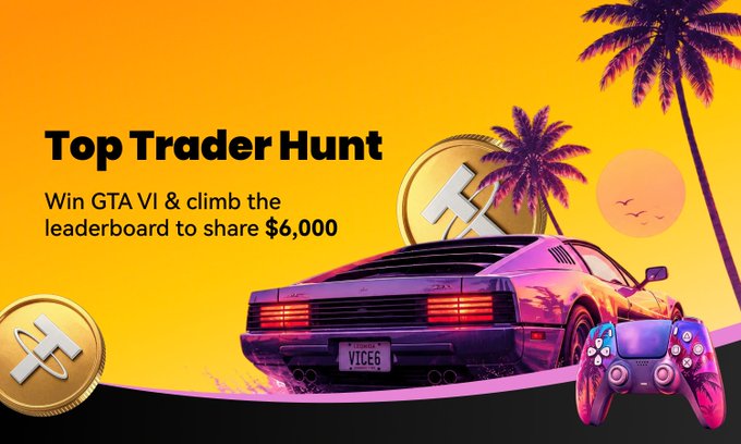 The image is a promotional banner with an orange sunset background featuring a purple sports car, palm trees, a game controller, and a large gold "W" coin. It announces a "Top Trader Hunt" where participants can win GTA VI and share a $6,000 prize pool, tying directly to the post's giveaway details about a 2,000 USDT referral pool, 4,000 USDT trading leaderboard, and a chance to win Grand Theft Auto VI: Ultimate Edition running from July 14 to August 4.