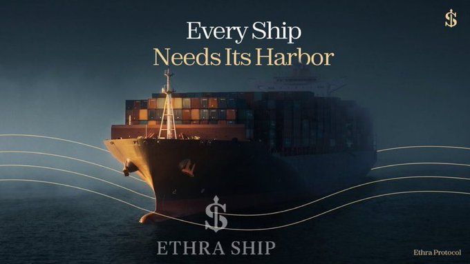 An advertisement for 'ETHRA SHIP' / 'Edhra Protocol' displays a container ship at dusk with the slogan 'Every Ship Needs Its Harbor.'