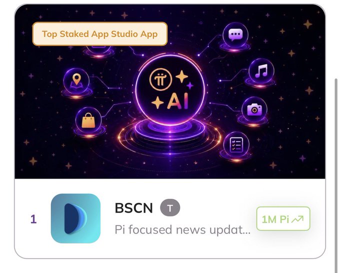 The image shows a leaderboard entry highlighting the "Top Staked App Studio App" featuring BSCN (BSCNews) as the #1 ranked app with 1M Pi staked, set against a vibrant purple AI-themed graphic with various app icons connected to a central AI hub. This visually represents the milestone of 1 million Pi tokens being staked toward the BSCNews application, as mentioned in the accompanying post.