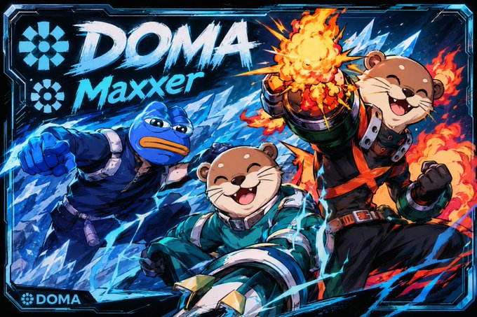 A vibrant anime-style illustration featuring three characters—a blue creature and two otter-like figures—with text reading 'DOMA Maxxer' and 'DOMA' displayed prominently.