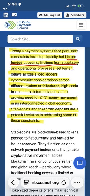 A mobile screenshot from the US Faster Payments Council website highlights a passage discussing how today's payment systems face constraints including "liquidity held in pre-funded accounts," aligning with the post's point about Ripple's XRPL goal of eliminating pre-funded accounts and addressing liquidity needs through stablecoins.
