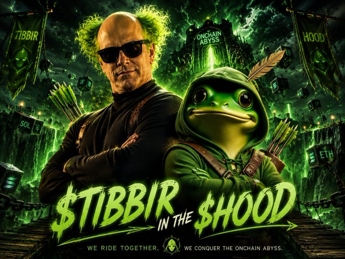 A green-themed promotional poster titled '$TIBBIR IN THE $HOOD' shows a man with green hair and sunglasses standing next to an anthropomorphic frog in a hoodie, with the tagline 'WE RIDE TOGETHER. WE CONQUER THE ONCHAIN ABYSS.'
