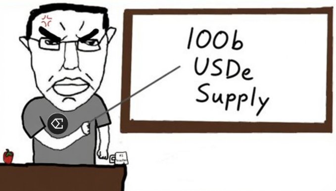 A cartoon avatar of a man wearing glasses angrily points to a whiteboard that reads "100b USDe Supply," celebrating his role in leading DeFi strategy at Ethena and highlighting the milestone of USDe reaching $100 billion in supply.