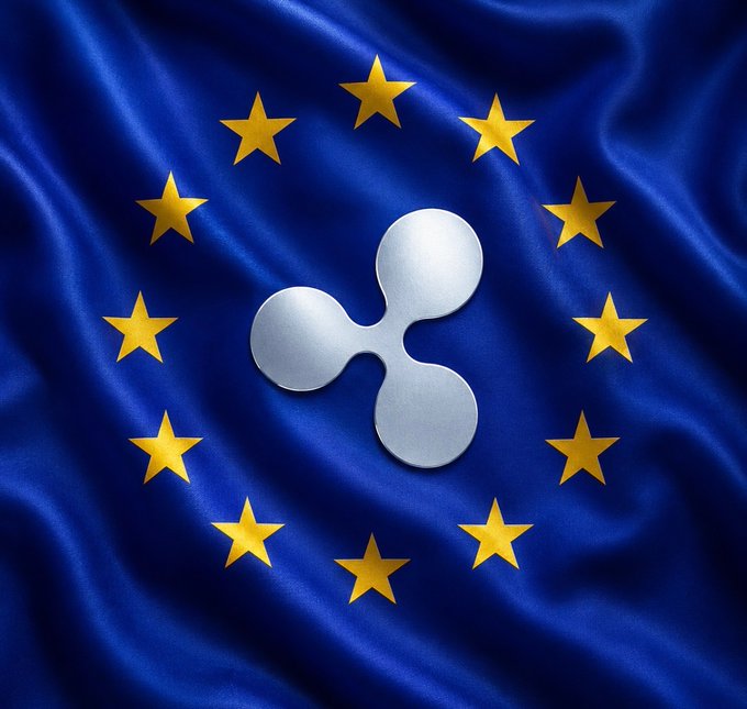 The image shows the silver Ripple (XRP) logo centered against a blue EU flag backdrop with golden stars arranged in a circle, symbolizing Ripple's new MiCA regulatory approval to operate across the European Union.