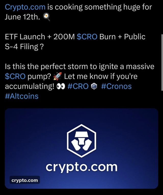 The image contains a blue background with white text, providing a clear and easy-to-read description of what's going on. The caption below it reads "CAW - Crypto.com". This suggests that there are two different posts happening simultaneously, one being about cryptocurrency (specifically about Bitcoin) while the other is about the Cryptico website or its features. It seems like someone might be discussing this new cryptocurrency venture with others online.