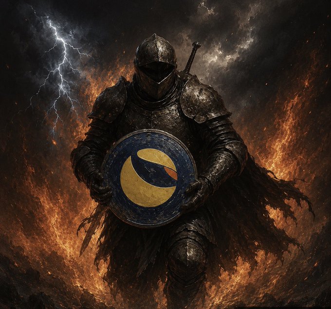 The image features a knight dressed in full armor, holding a shield with a yellow emblem on it. The background shows a dark sky filled with lightning bolts, creating an intense atmosphere. The caption of the image reads "The Last Knight of Terra Classic $LUNC". This suggests that the image is related to a post about knights or medieval history and might be part of a series or collection of images showcasing different aspects of this theme.