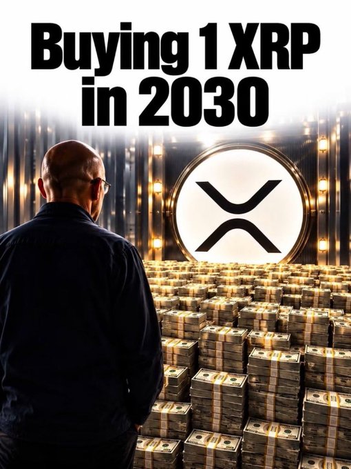 A promotional graphic with the text 'Buying 1 XRP in 2030' showing a man in a suit looking at piles of cash and a large XRP cryptocurrency logo.