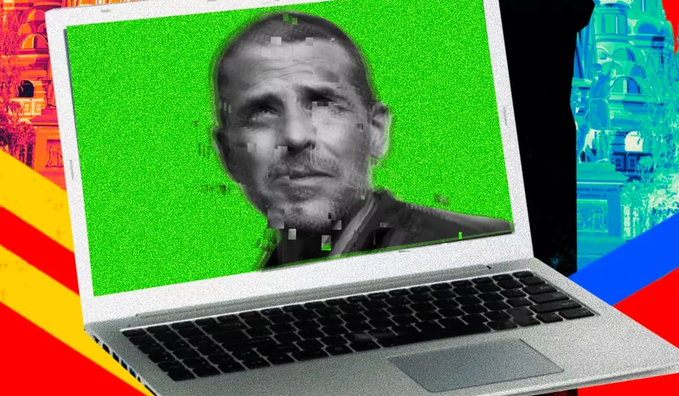 A laptop displays a glitchy, green-screened image of a man whose face is pixelating and fading, with architectural backgrounds tinted in red and blue on either side, visually representing the uncertain, risky nature of the $LAPTOP token launch described in the post about protecting downside and maximizing gains.